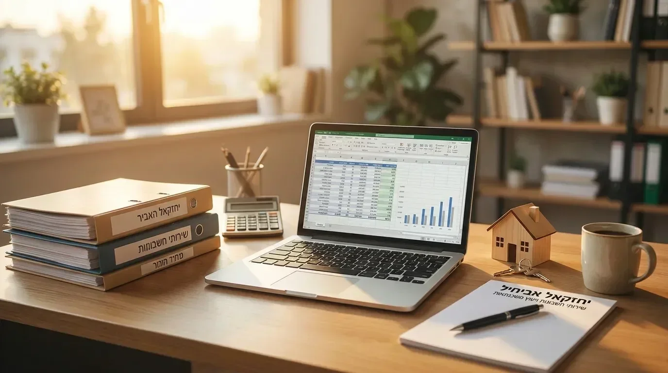 שולחן ייעוץ פיננסי חמים עם מסמכים, מחשב נייד ומחשבון